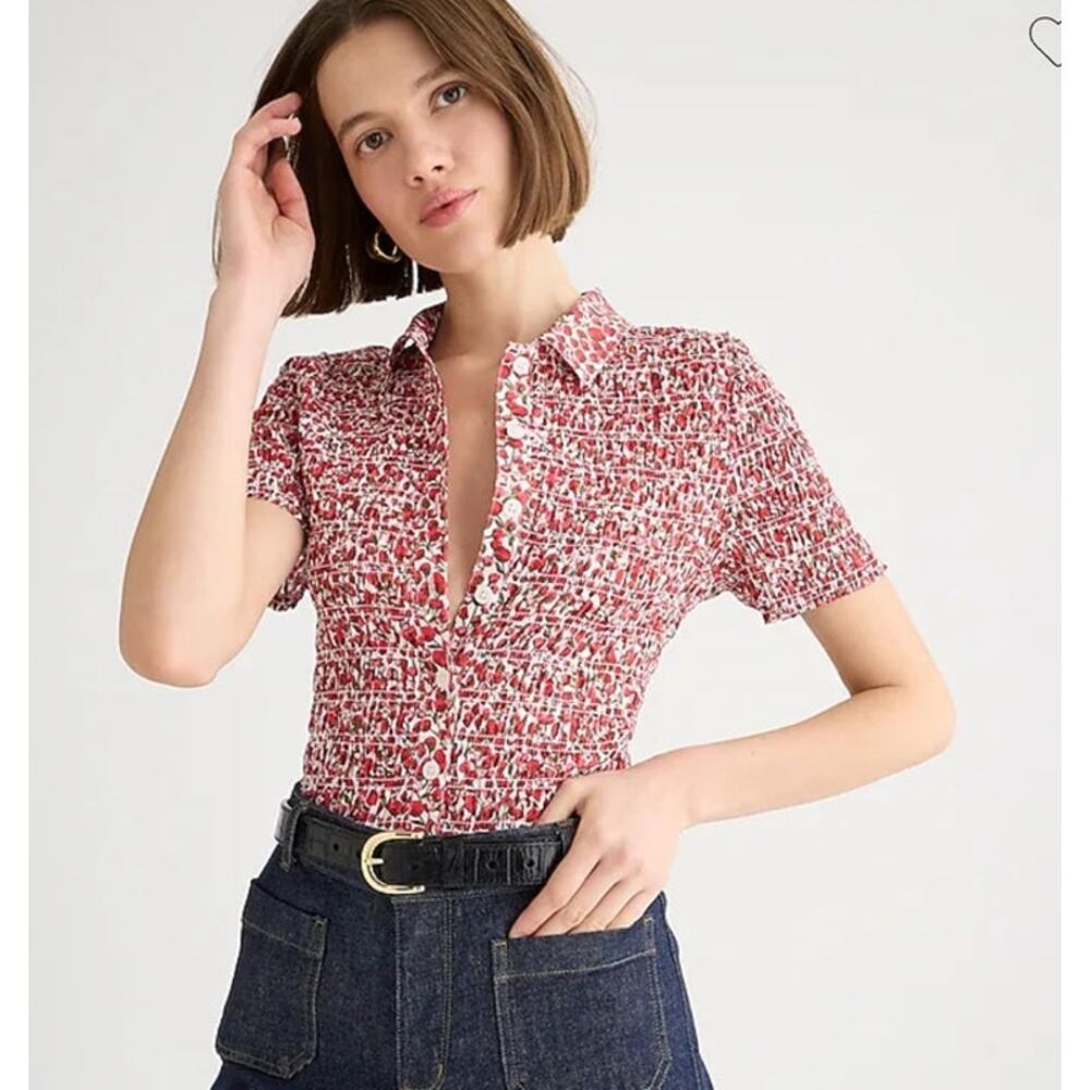 J Crew Liberty Eliza's Red Fabric Print Smocked  Button Up Top Sz XXS